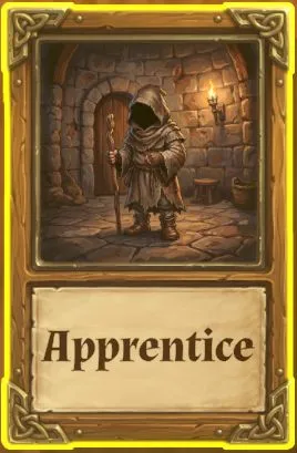 The Apprentice card: a small hooded figure with a staff in a stone room.