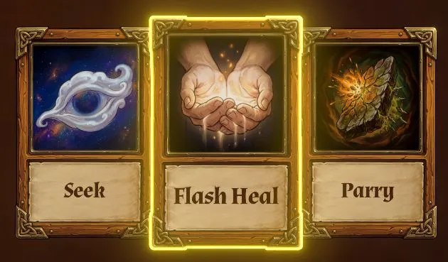 Three spell cards: Seek, Flash Heal and Parry.