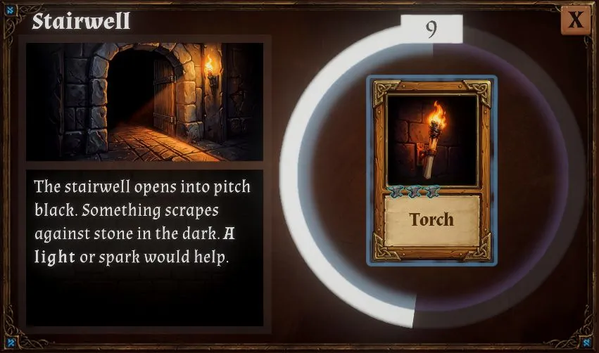 The Stairwell room: a torch card placed on a countdown dial.