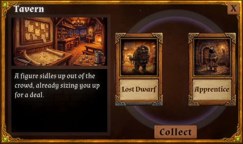 The Tavern room: a Lost Dwarf card sizing up the Apprentice for a deal.