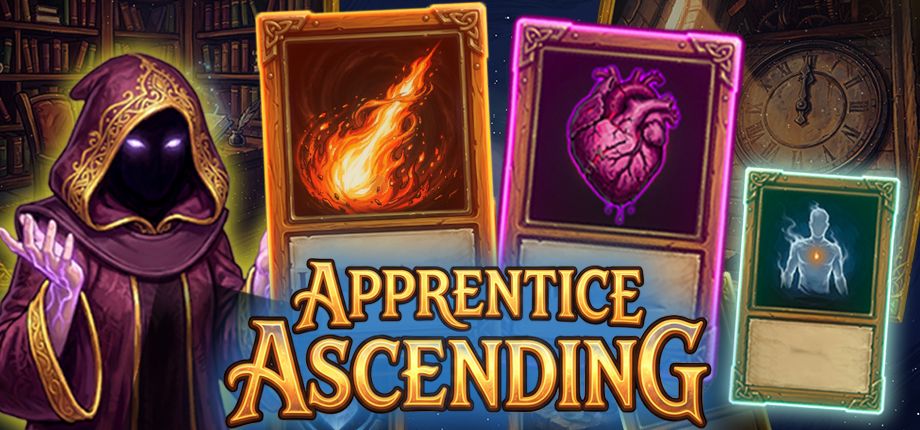 Apprentice Ascending key art: a hooded wizard beside glowing spell cards.