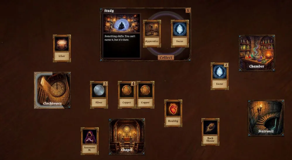 A table of room and resource cards mid-ritual.