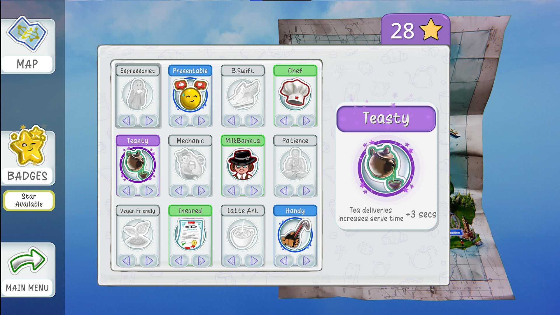The badges screen: unlockable skills like Tasty, Chef and Latte Art.