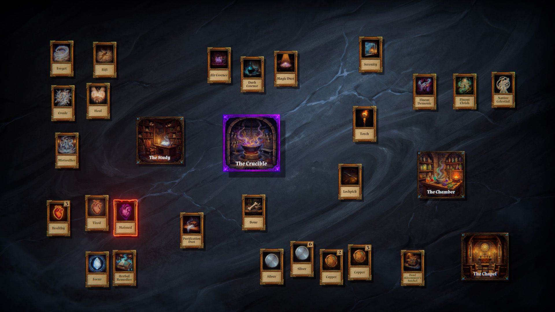 A stone table crowded with cards around the Crucible and the Study.