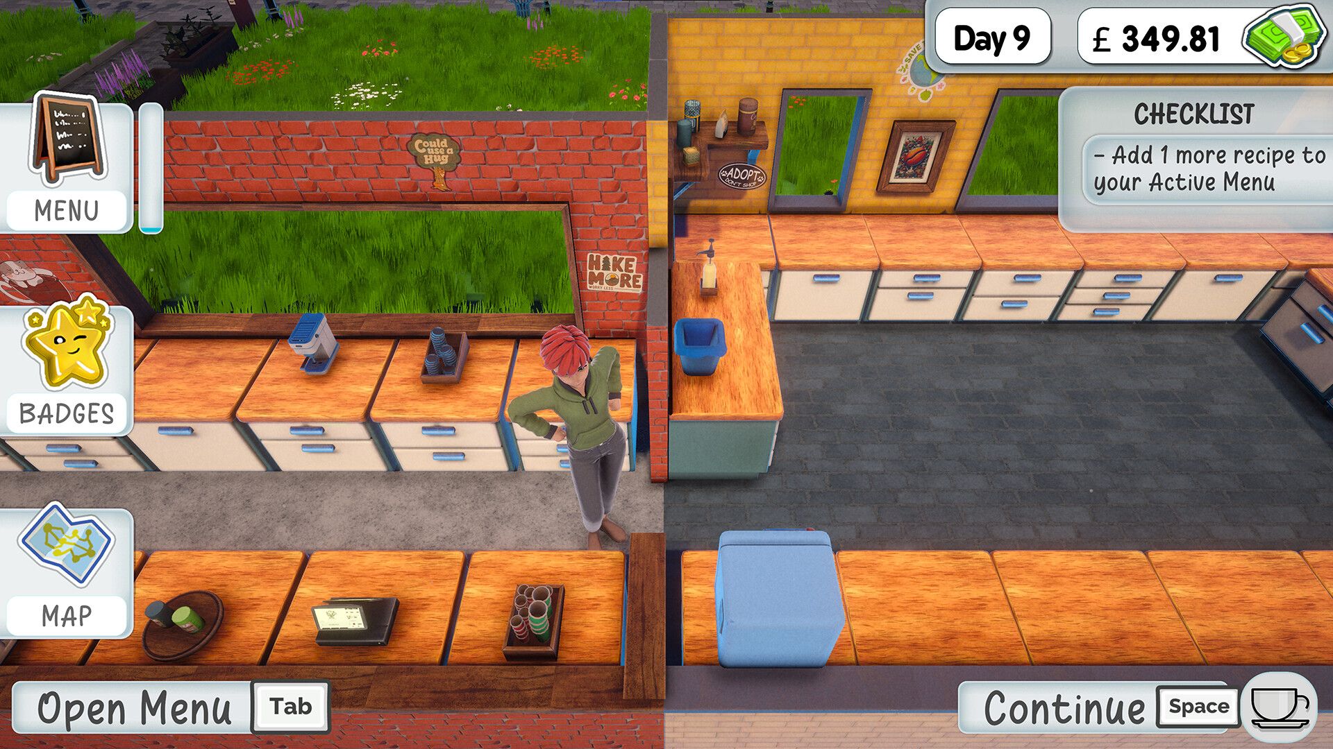 A bigger café kitchen on day 9, with a checklist to add a recipe to the menu.